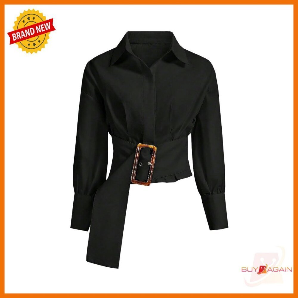 Cropped Button Down Blouse Long Sleeve Pleated Stand Collar Top